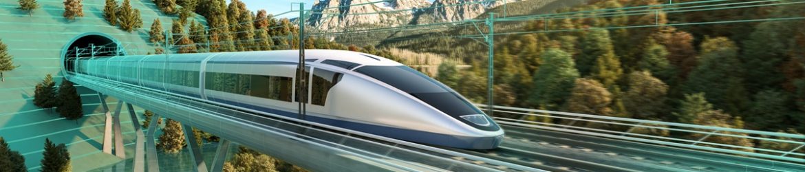 Rendering of high-speed train with bridge and tunnel.